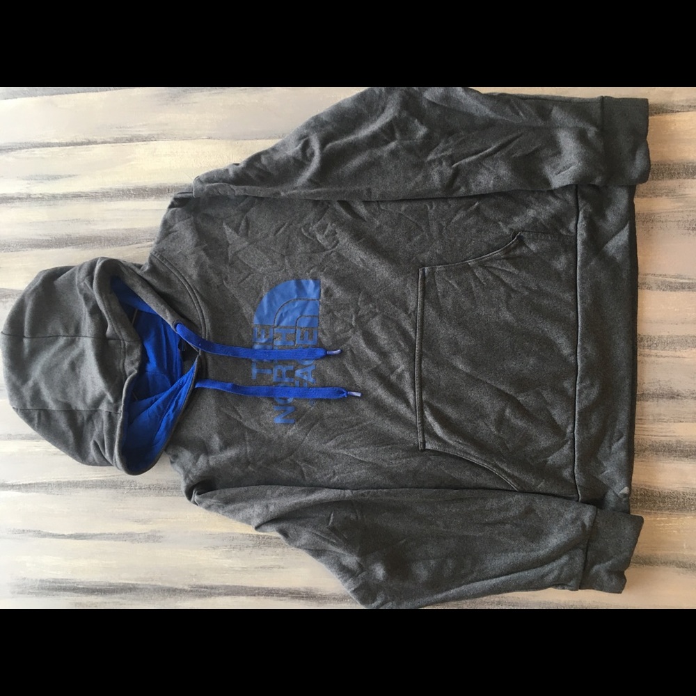 Gray and blue north face hoodie